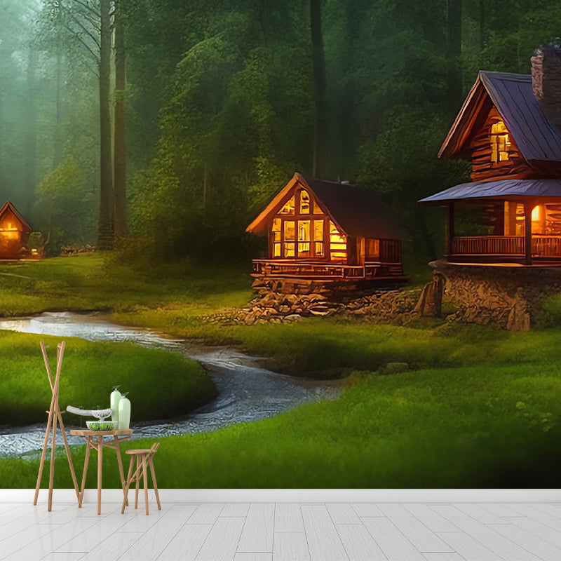 Illustrator Forest House Pattern Wall Mural Anti-fouling for Wall Decoration