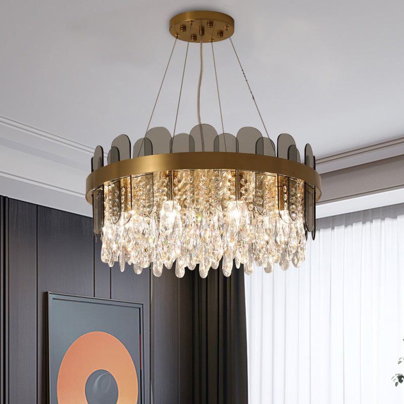 Drum Dining Sala lampadario del lampadario retrò Crystal 8/12 Lights Gold Finitura in pendente con pannello ovale Deco
