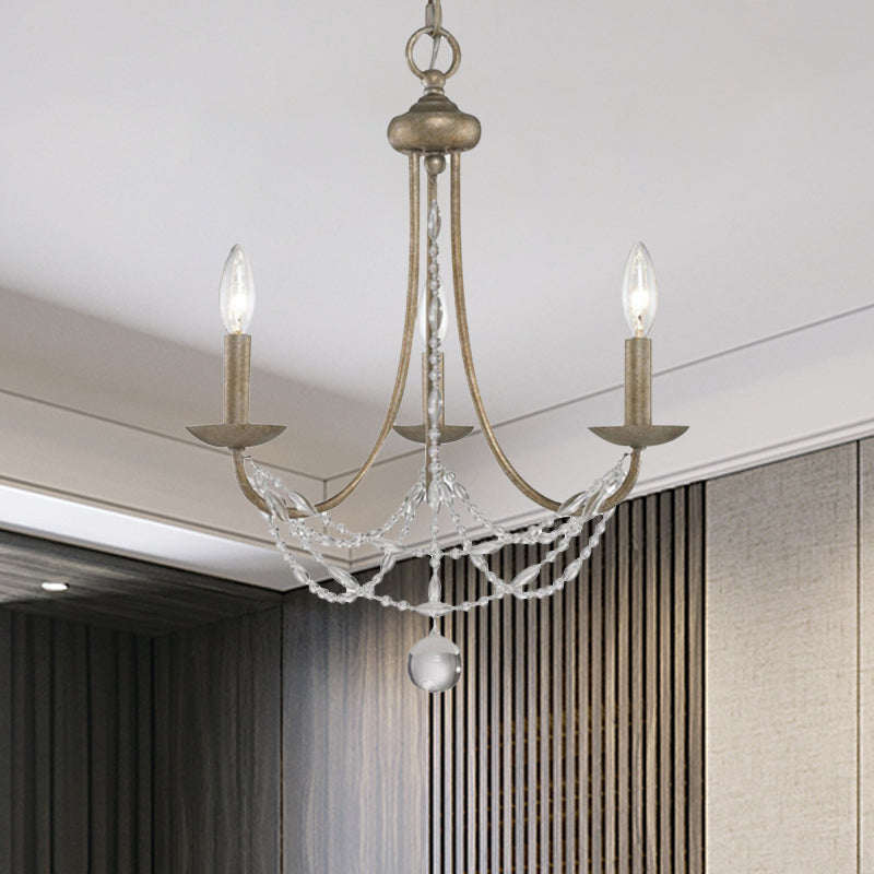 3/6 Heads Metal Hanging Chandelier Traditional Silver Candelabra Pendant Lamp with Crystal Strand Deco