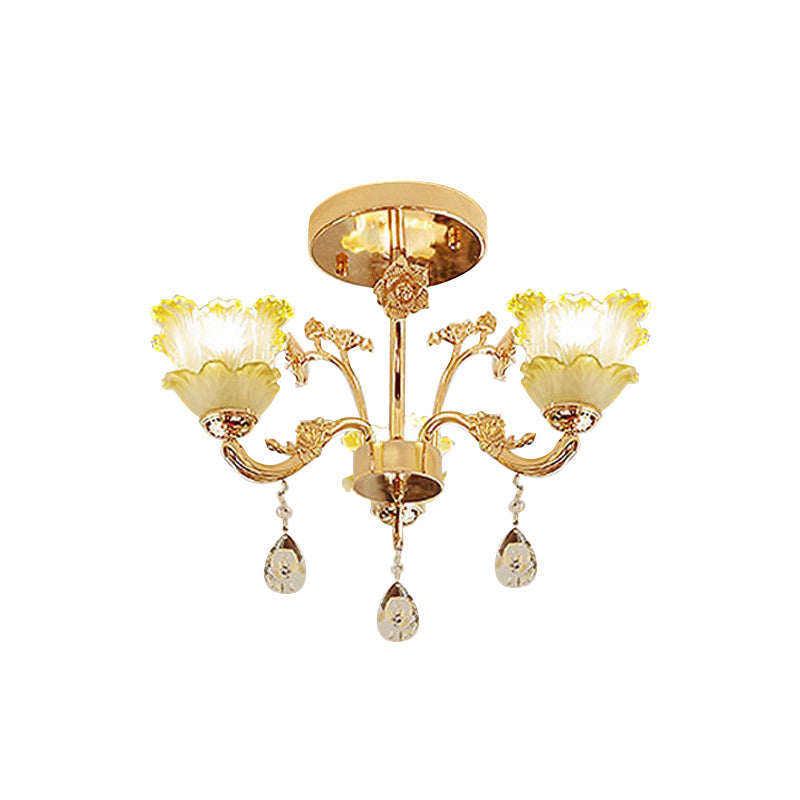 3-Light Semi Flush Mount Light Classic Dining Room Ceiling Lighting with Lotus Crystal Shade in Gold