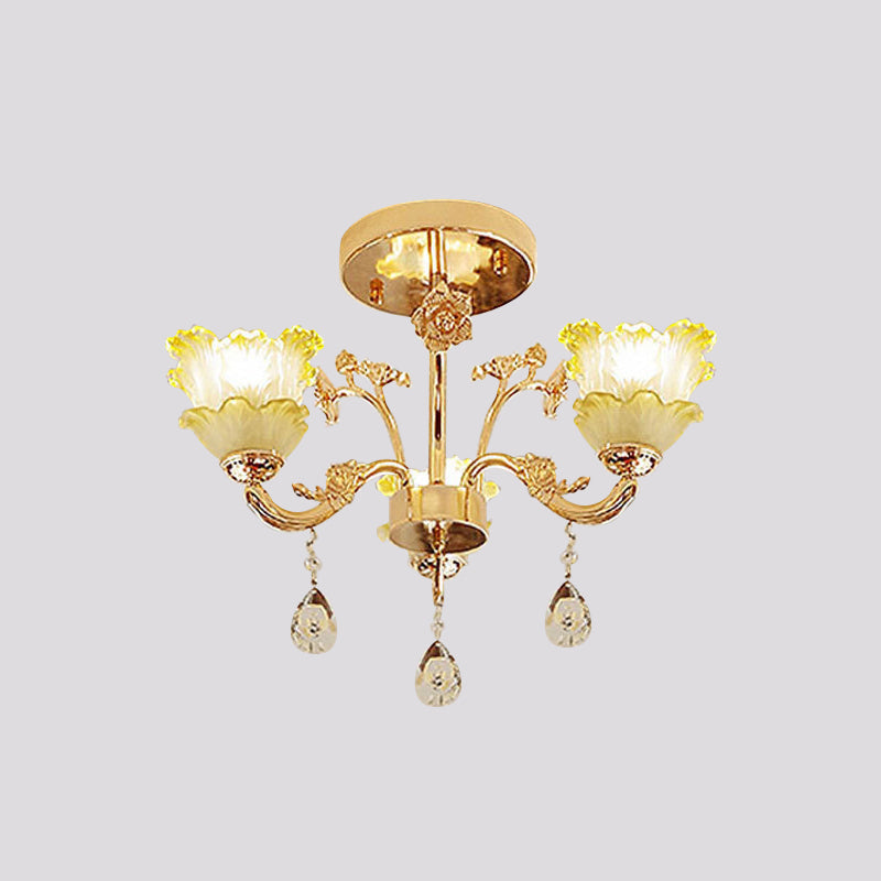 3-Light Semi Flush Mount Light Classic Dining Room Ceiling Lighting with Lotus Crystal Shade in Gold