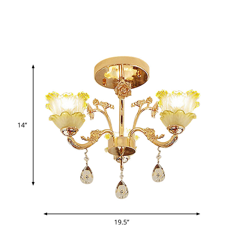 3-Light Semi Flush Mount Light Classic Dining Room Ceiling Lighting with Lotus Crystal Shade in Gold