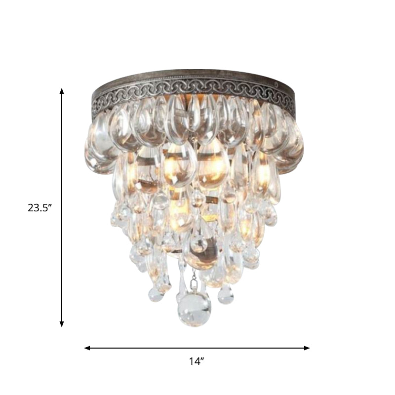 Crystal Drop Conical Flush Ceiling Light Countryside 3 Heads Corridor Flushmount Lighting in Bronze