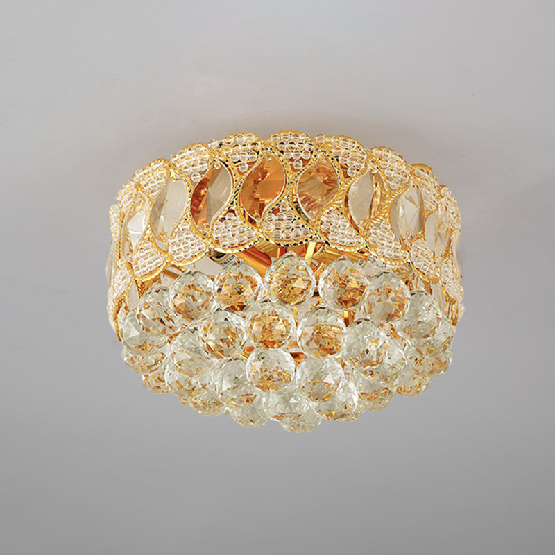 Drum Shade Crystal Orb Flush Mount Lamp Rustic 3-Head Bedroom Ceiling Light Fixture in Gold