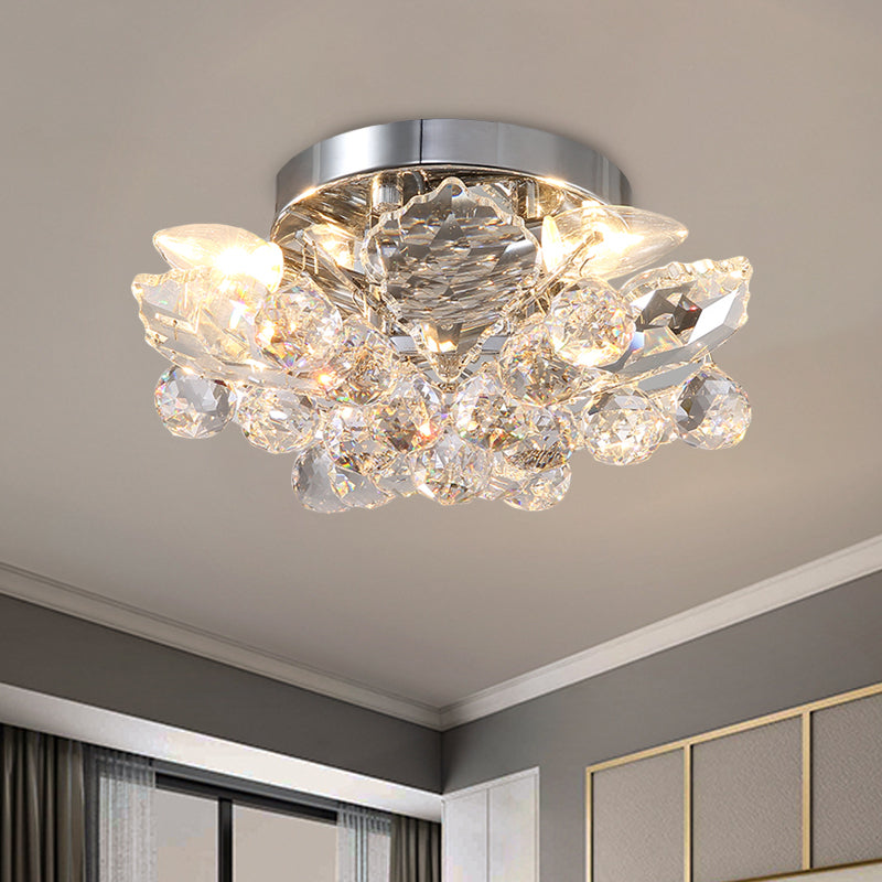 4 Lights Beaded Flush Mount Fixture Rural Style Chrome/Gold Finish Crystal Ball Ceiling Mounted Light for Living Room