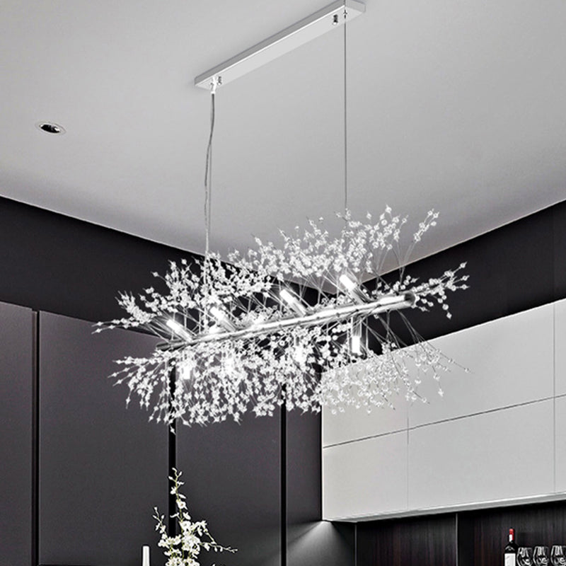 Crystal Beaded Sprig Island Lighting Modern 12 Bulbs Kitchen Hanging Pendant Light in Chrome