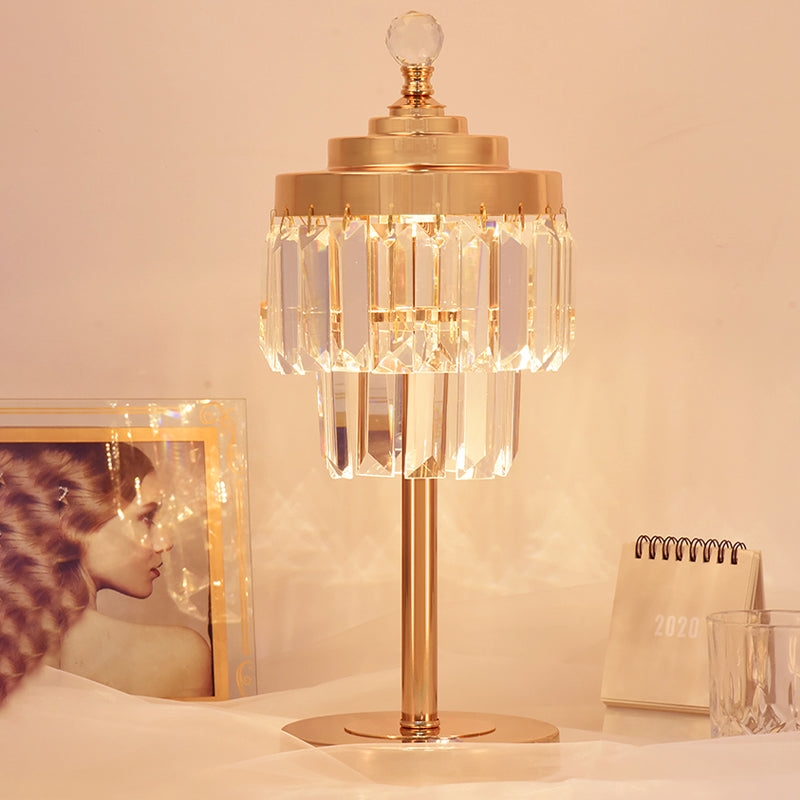 Gold LED Table Light Vintage Beveled Crystal Prism 2 Tiers Night Stand Lamp for Bedroom