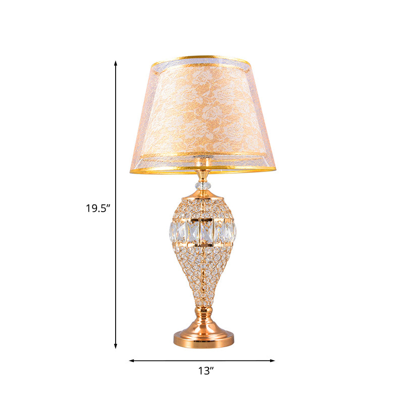 Teardrop Living Room Table Lighting Traditional Crystal 1-Light Gold Night Lamp with 2-Layer Patterned Fabric Shade
