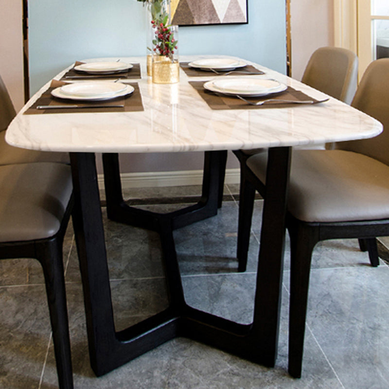 Modern Rectangular Stone Top White Dining Table with Ash Black Trestle Base