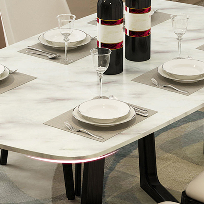 Modern Rectangular Stone Top White Dining Table with Ash Black Trestle Base