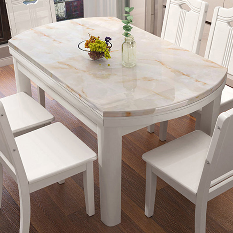 Modern Round White Stone Top Retractable Dining Table with 4 Rubberwood Legs