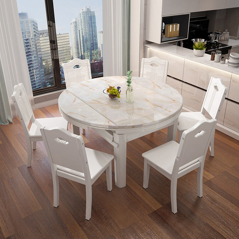 Modern Round White Stone Top Retractable Dining Table with 4 Rubberwood Legs