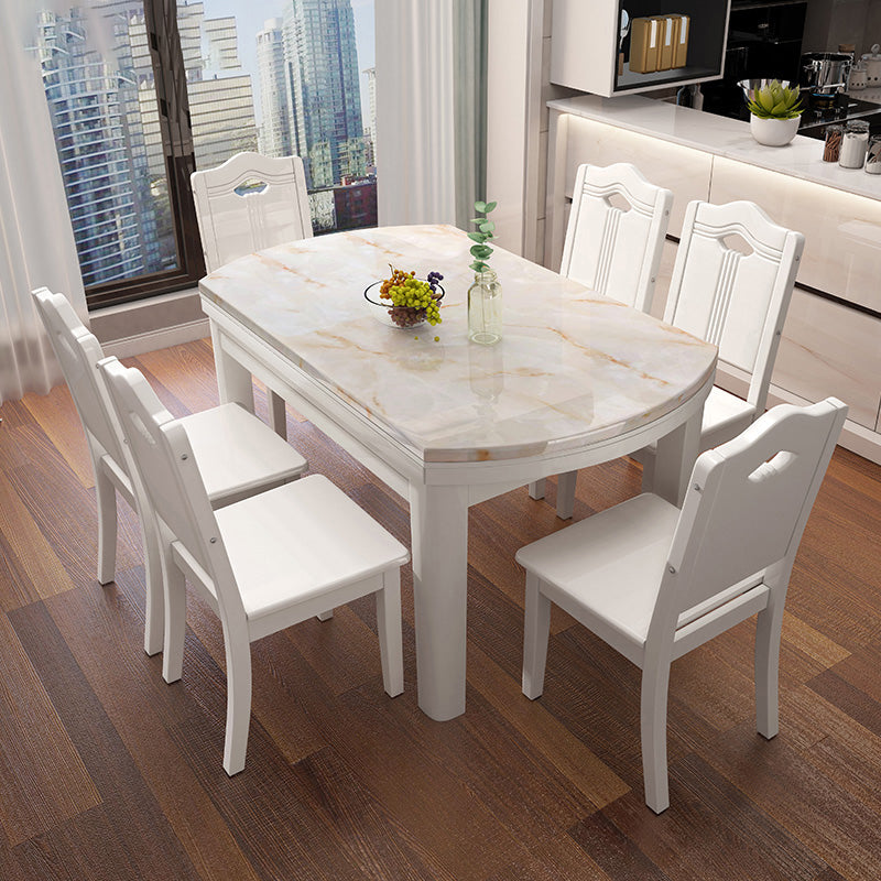 Modern Round White Stone Top Retractable Dining Table with 4 Rubberwood Legs