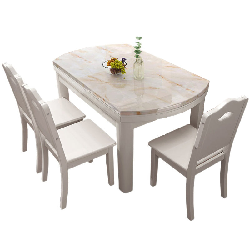 Modern Round White Stone Top Retractable Dining Table with 4 Rubberwood Legs