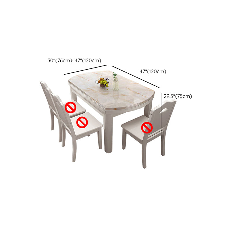 Modern Round White Stone Top Retractable Dining Table with 4 Rubberwood Legs