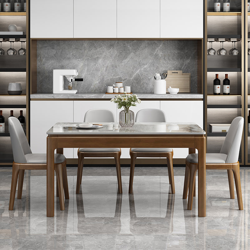 Modern Rectangular Grey Stone Top Dining Table with 4 Rubberwood Legs