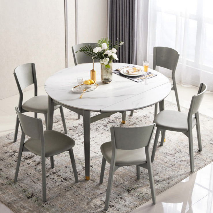 Contemporary White Round Stone Dining Table with Solid Wood Legs