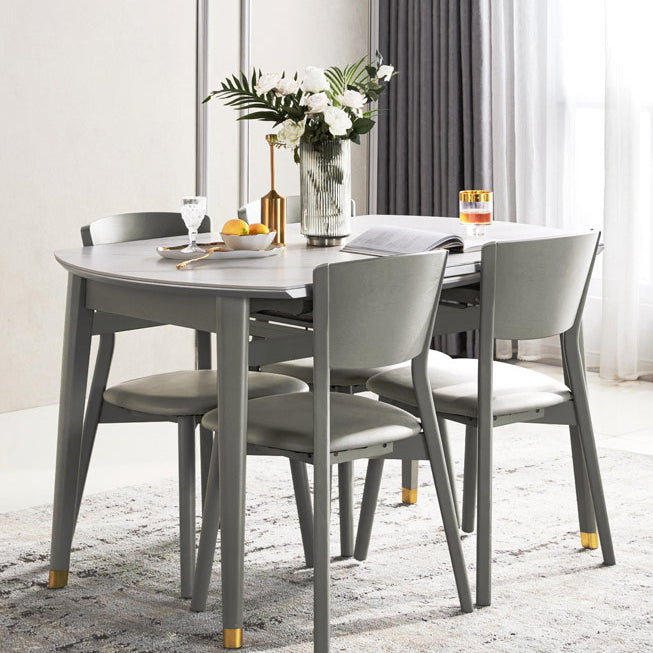 Contemporary White Round Stone Dining Table with Solid Wood Legs