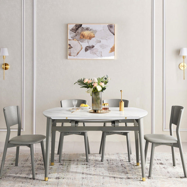 Contemporary White Round Stone Dining Table with Solid Wood Legs