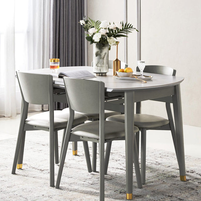 Contemporary White Round Stone Dining Table with Solid Wood Legs