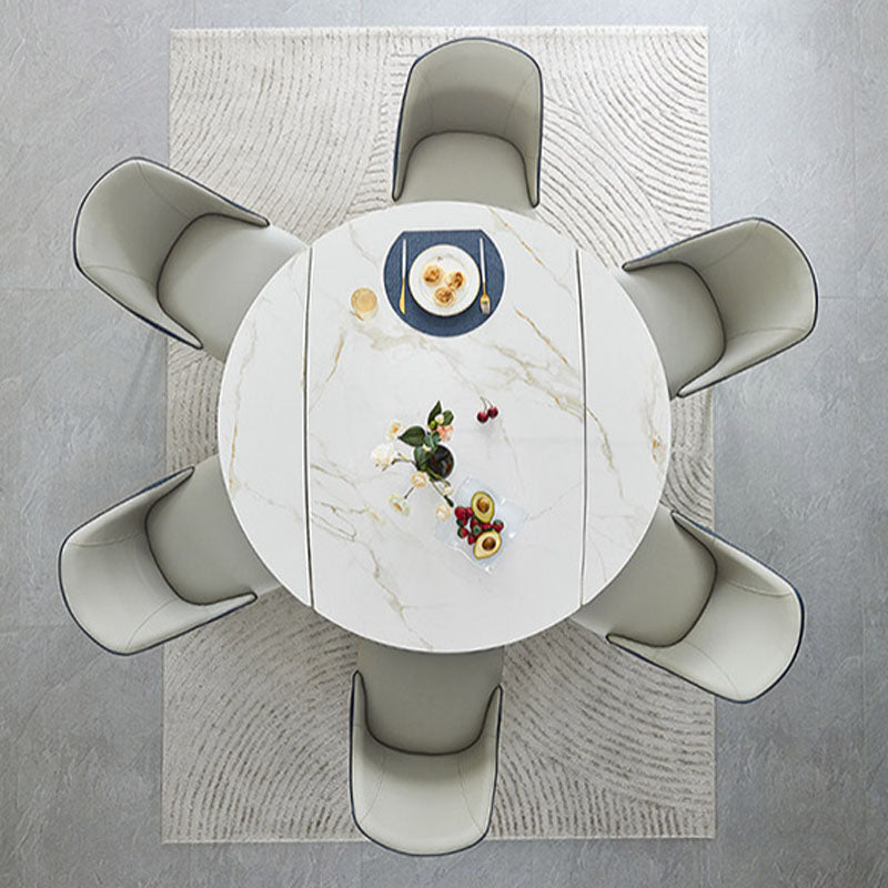 White Contemporary Round Stone Dining Table with Double Drop Leaf
