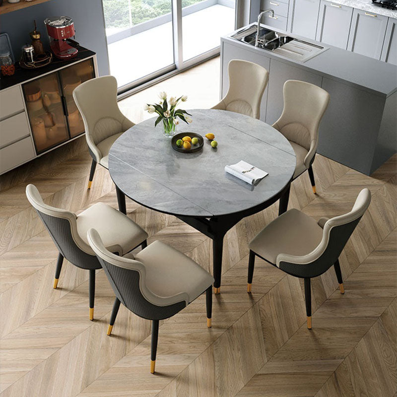 Contemporary Gray Round Stone Dining Table with 4 Wooden Foot