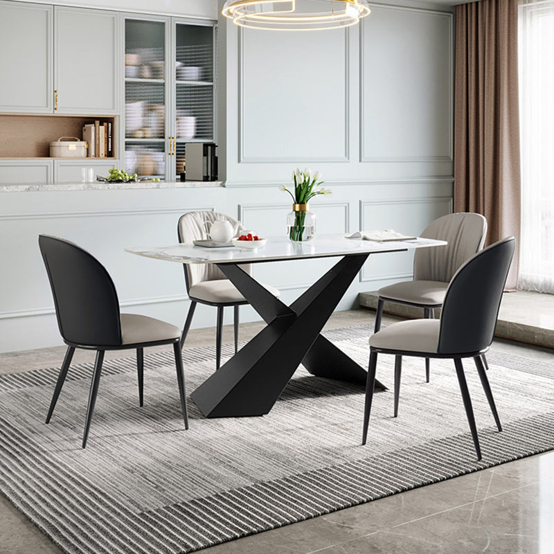 Contemporary White Rectangular Stone Dining Table with Steel X-Base