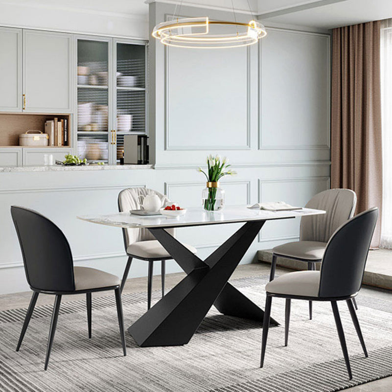 Contemporary White Rectangular Stone Dining Table with Steel X-Base