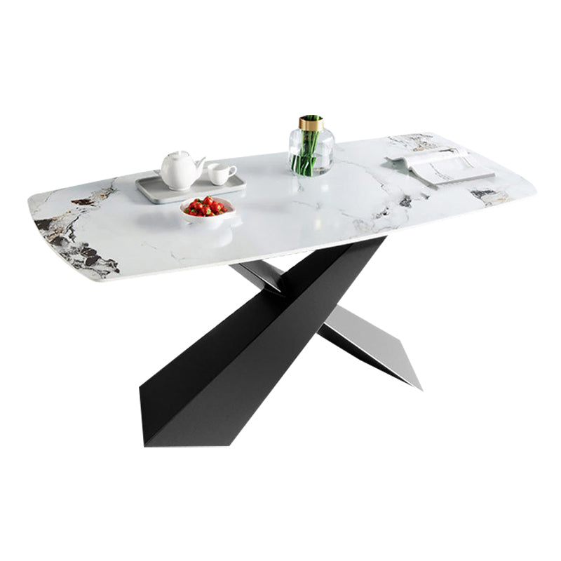 Contemporary White Rectangular Stone Dining Table with Steel X-Base