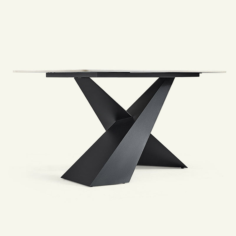 Contemporary White Rectangular Stone Dining Table with Steel X-Base