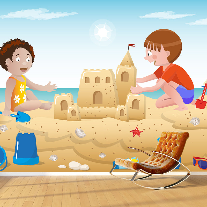 Cartoon Seaside Beach Pattern Mural Horizontal Version Moisture Resistant for Wall Decoration