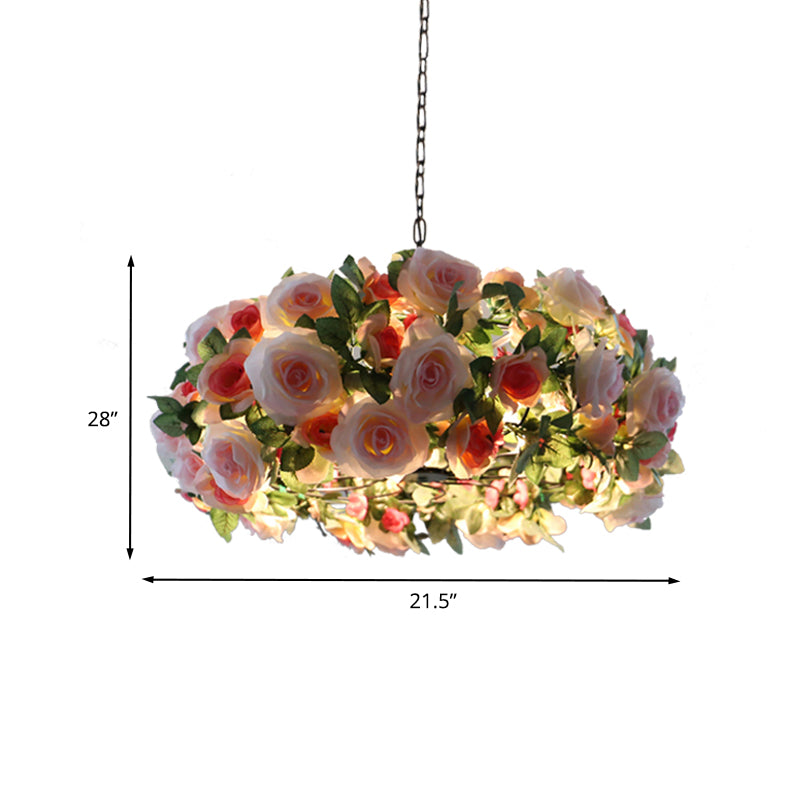 Araña colgante de sputnik negro metal industrial 5 cabezas sala de estar luminosa lámpara con deco floral rosa