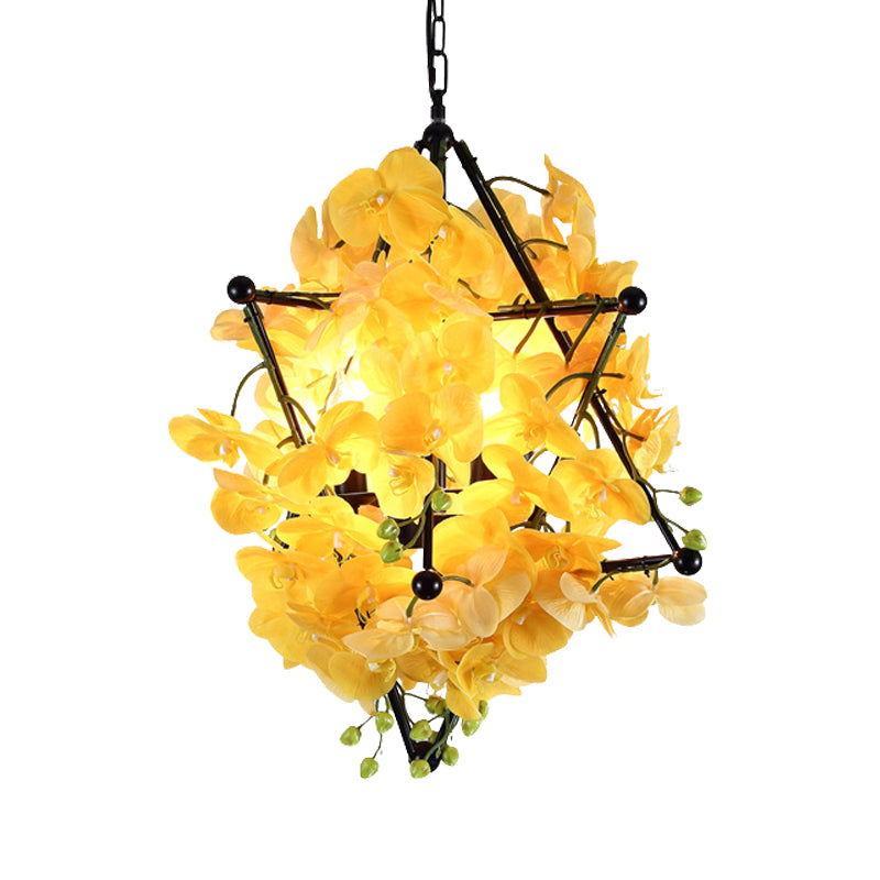 Frame d'étoile en métal lampe de lustre de style rétro 4 lumières suspension de la suspension de restaurant avec floral jaune / rose rouge
