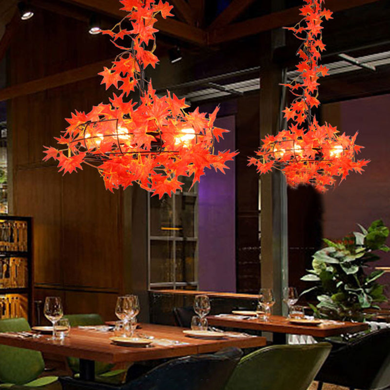 5 Lights Ceiling Chandelier Farmhouse Fan Cage Iron Drop Pendant with Orange and Red Maple Leaf/Red Rose Deco
