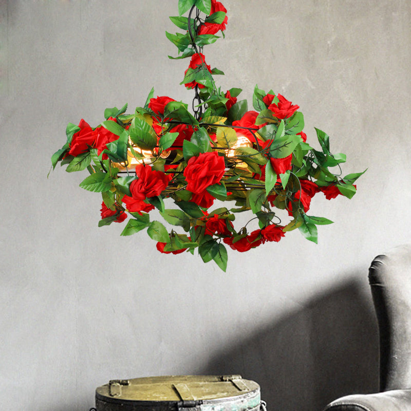 5 Lights Ceiling Chandelier Farmhouse Fan Cage Iron Drop Pendant with Orange and Red Maple Leaf/Red Rose Deco