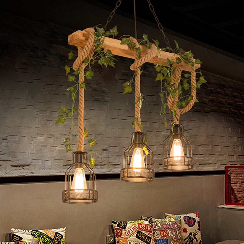 Metal Caged Island Pendant Light Industrial 3/5 Lights Dining Room Rope Hanging Lamp in Brown with Wood Beam