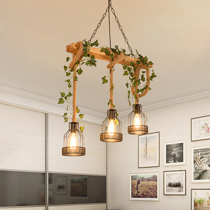Metal Caged Island Pendant Light Industrial 3/5 Lights Dining Room Rope Hanging Lamp in Brown with Wood Beam