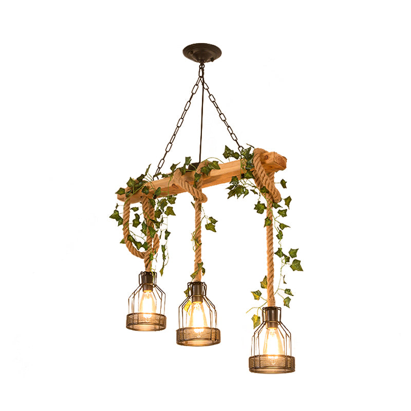 Metal Caged Island Pendant Light Industrial 3/5 Lights Dining Room Rope Hanging Lamp in Brown with Wood Beam