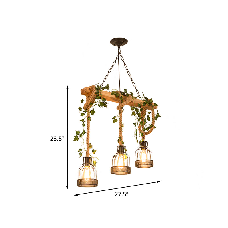 Metal Caged Island Pendant Light Industrial 3/5 Lights Dining Room Rope Hanging Lamp in Brown with Wood Beam