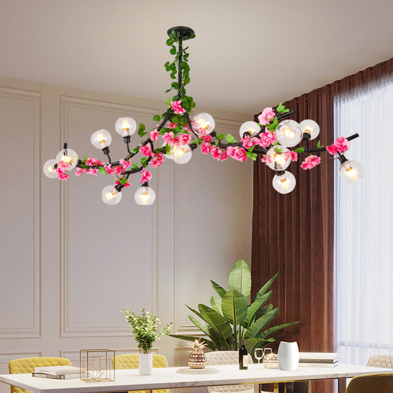 Sputnik Esszimmer Halbmontage Beleuchtung Loft Metal 15 Köpfe grüne Deckenmontage mit rot/rosa Blumenrebe