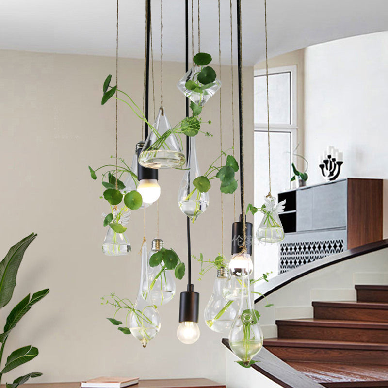 Green 3-Light Planter Cluster Pendant Industrial Clear Glass Teardrop Ceiling Hang Fixture with Open Bulb