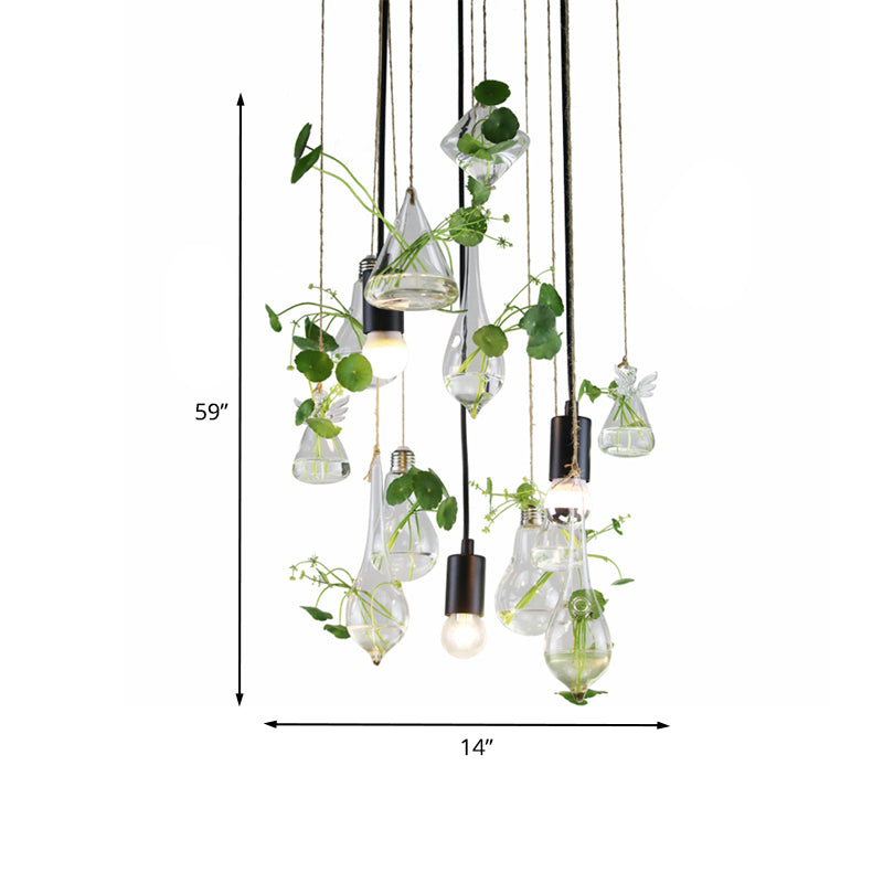 Green 3-Light Planter Cluster Pendant Industrial Clear Glass Teardrop Ceiling Hang Fixture with Open Bulb