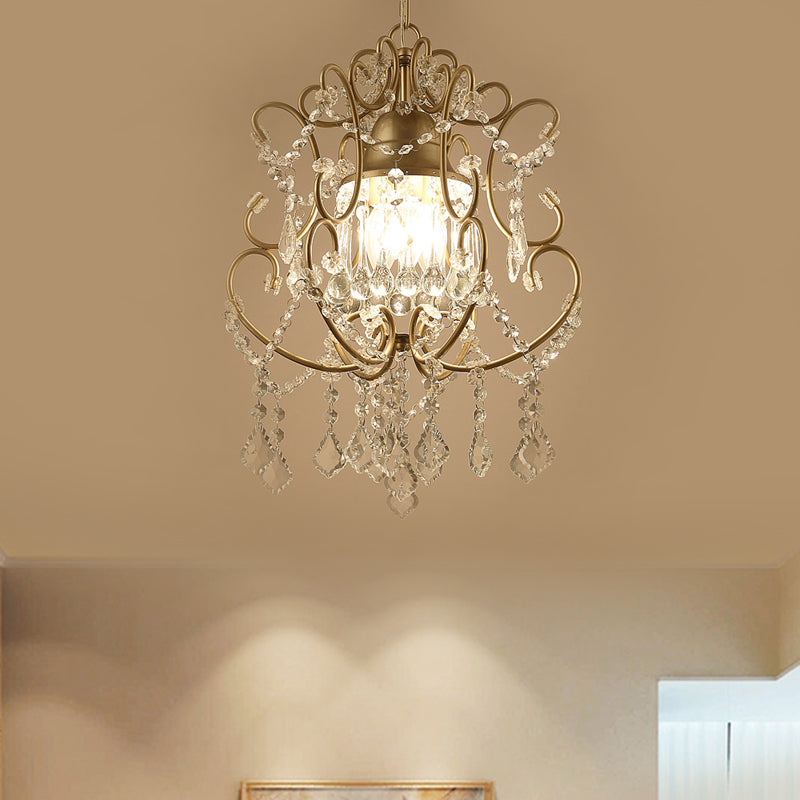 Modernist Scroll Pendant Chandelier 3 Heads Crystal Swag Hanging Ceiling Light in Gold