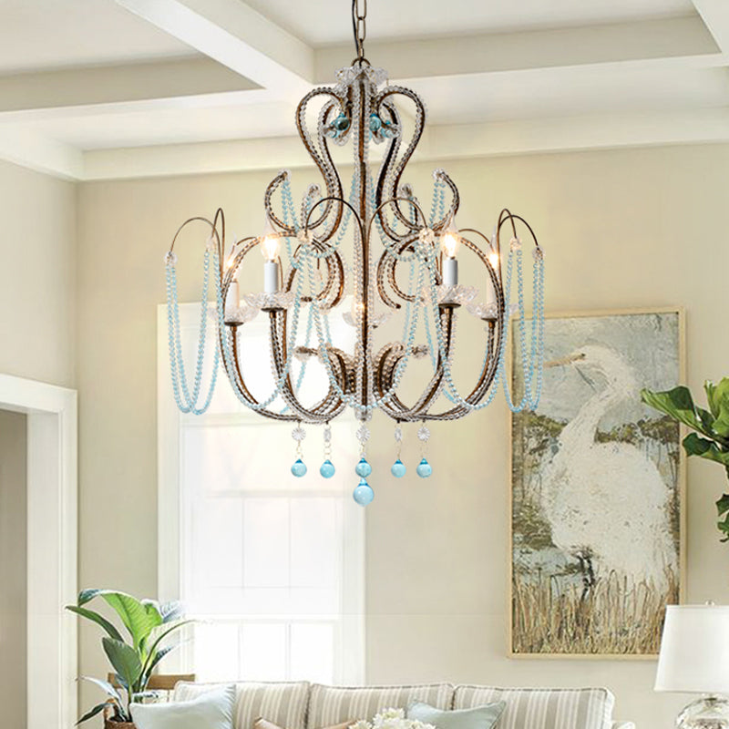 Candle Crystal Beads Hanging Chandelier Modernism 6 Bulbs Living Room Suspension Light in Rust