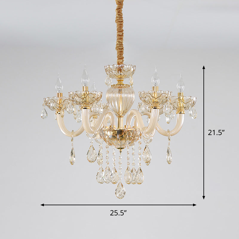 6-Light Candelabra Chandelier Lighting Contemporary Gold Finish Crystal Glass Pendulum Lamp
