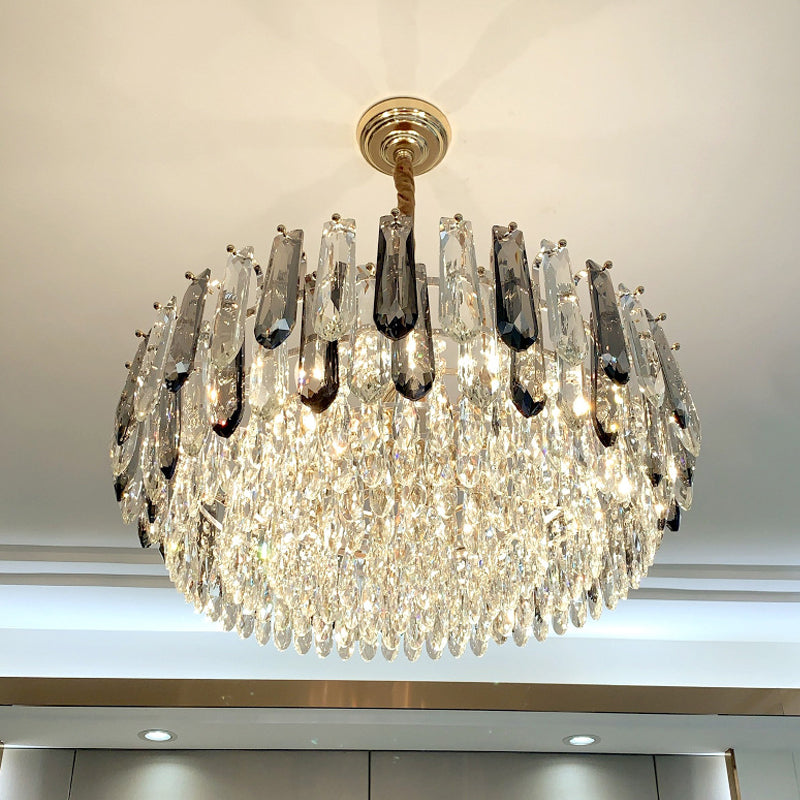 9 Heads Grey Crystal Block Chandelier Modern Gold Round Living Room Ceiling Hang Fixture