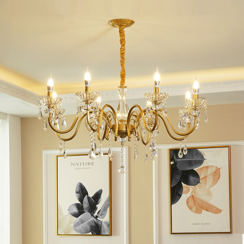 Candle Living Room Pendant Lamp Modern Faceted Crystal 6/8 Bulbs Gold Finish Hanging Chandelier