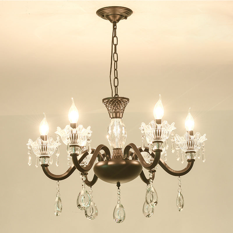 Modernism Curved Arm Suspension Light 6/8-Light Metal Pendant Chandelier in Black with Crystal Droplet