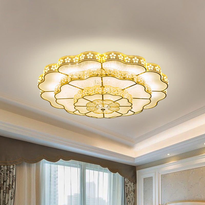 LED Flush Mount Fixture Contemporary Bedroom Ceiling Lamp with Flower Crystal Shade in Gold