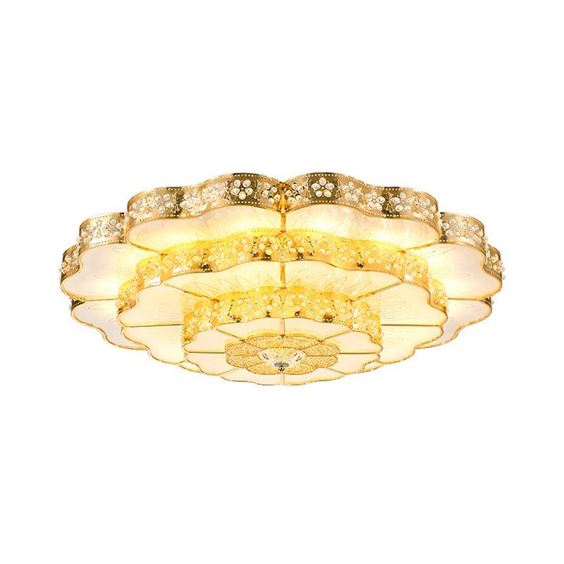 LED Flush Mount Fixture Contemporary Bedroom Ceiling Lamp with Flower Crystal Shade in Gold